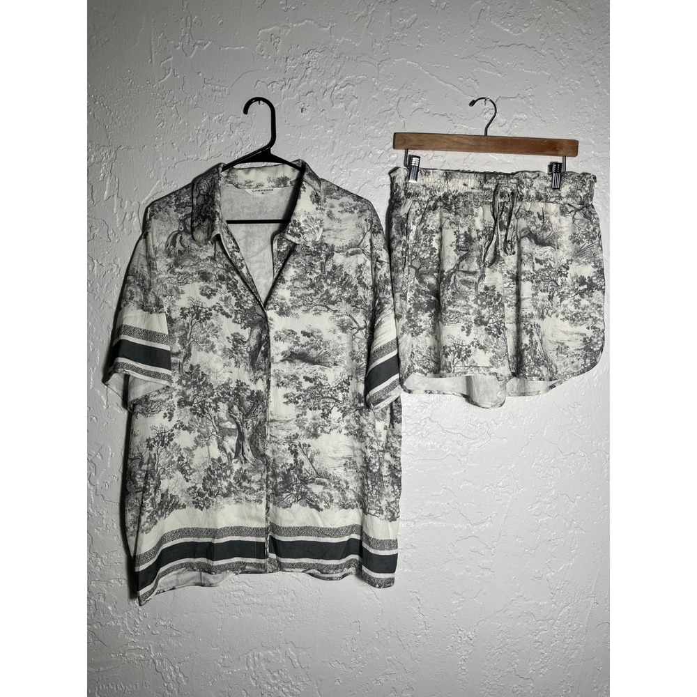 CMMENSE XL Black White Toile Print Matching Set Button Shirt & Shorts